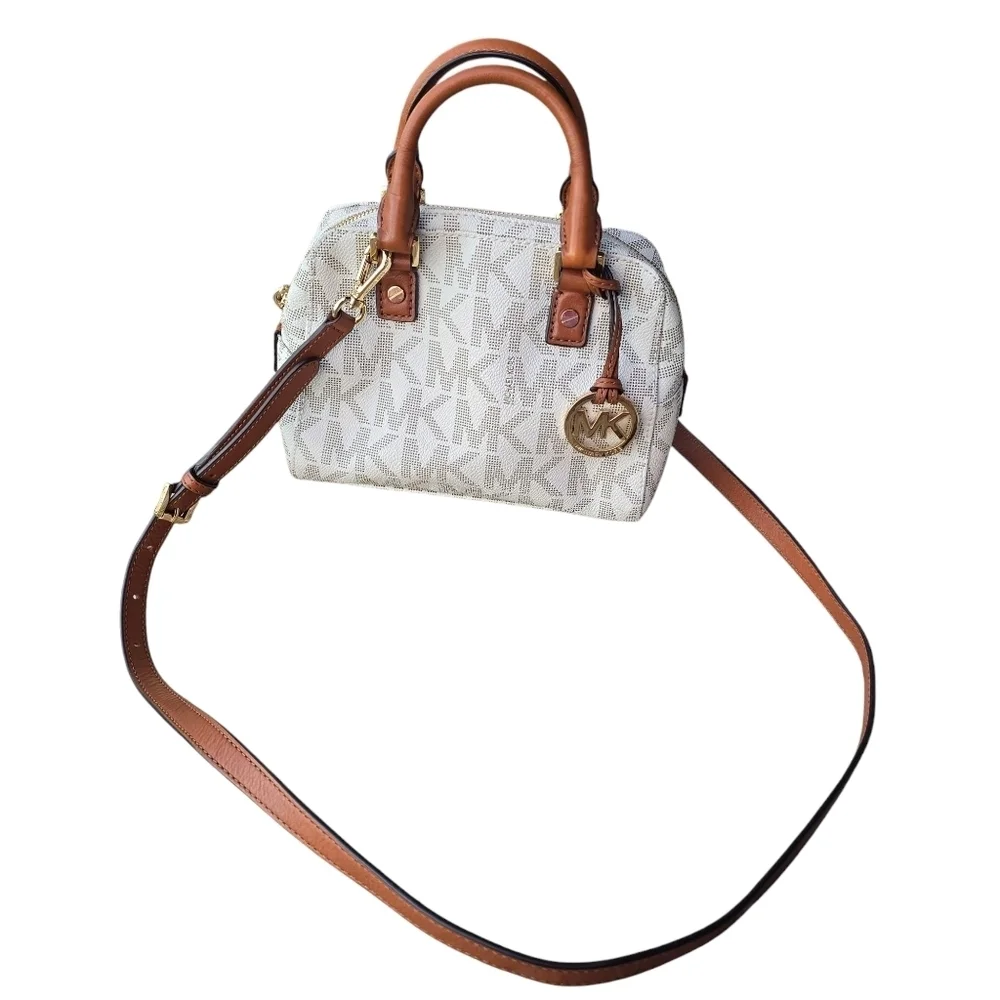 Michael Kors Cream & Brown Satchel with Monogram Pattern